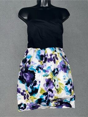 Iz Byer Black Strapless Dress with Purple & Blue Floral Skirt